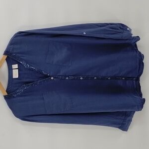 Chico's blue 100% linen w/sequin and brocade lace down back, button down size 3